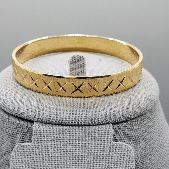 Vintage Monet Bangle Bracelet Brushed Gold Tone Textured Etched Signed 8.5” - Picture 1 of 4